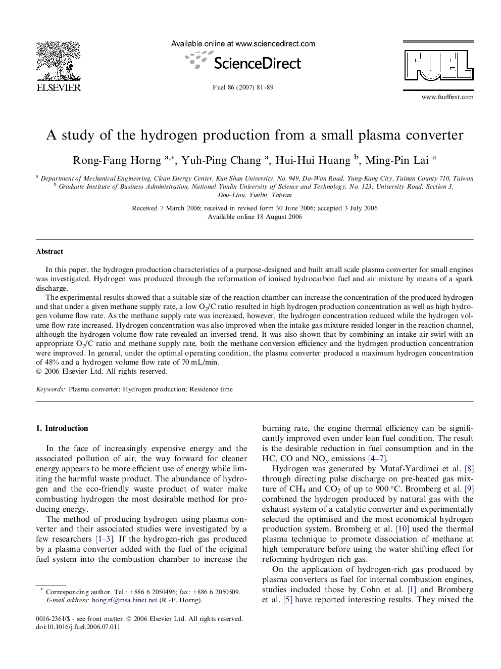 A study of the hydrogen production from a small plasma converter