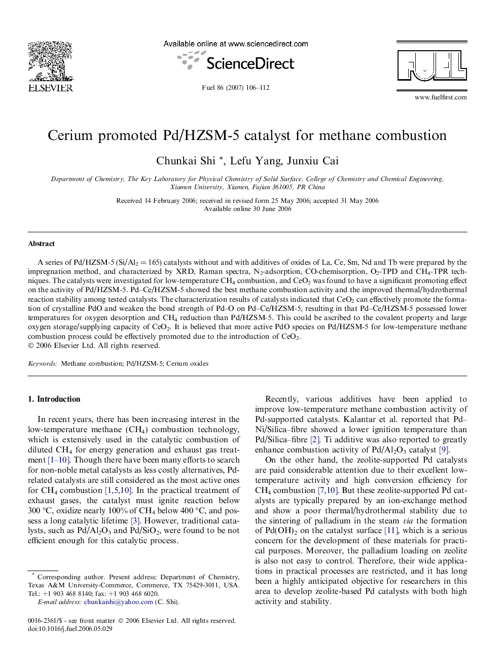 Cerium promoted Pd/HZSM-5 catalyst for methane combustion