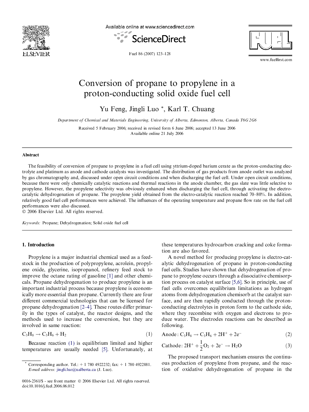 Conversion of propane to propylene in a proton-conducting solid oxide fuel cell