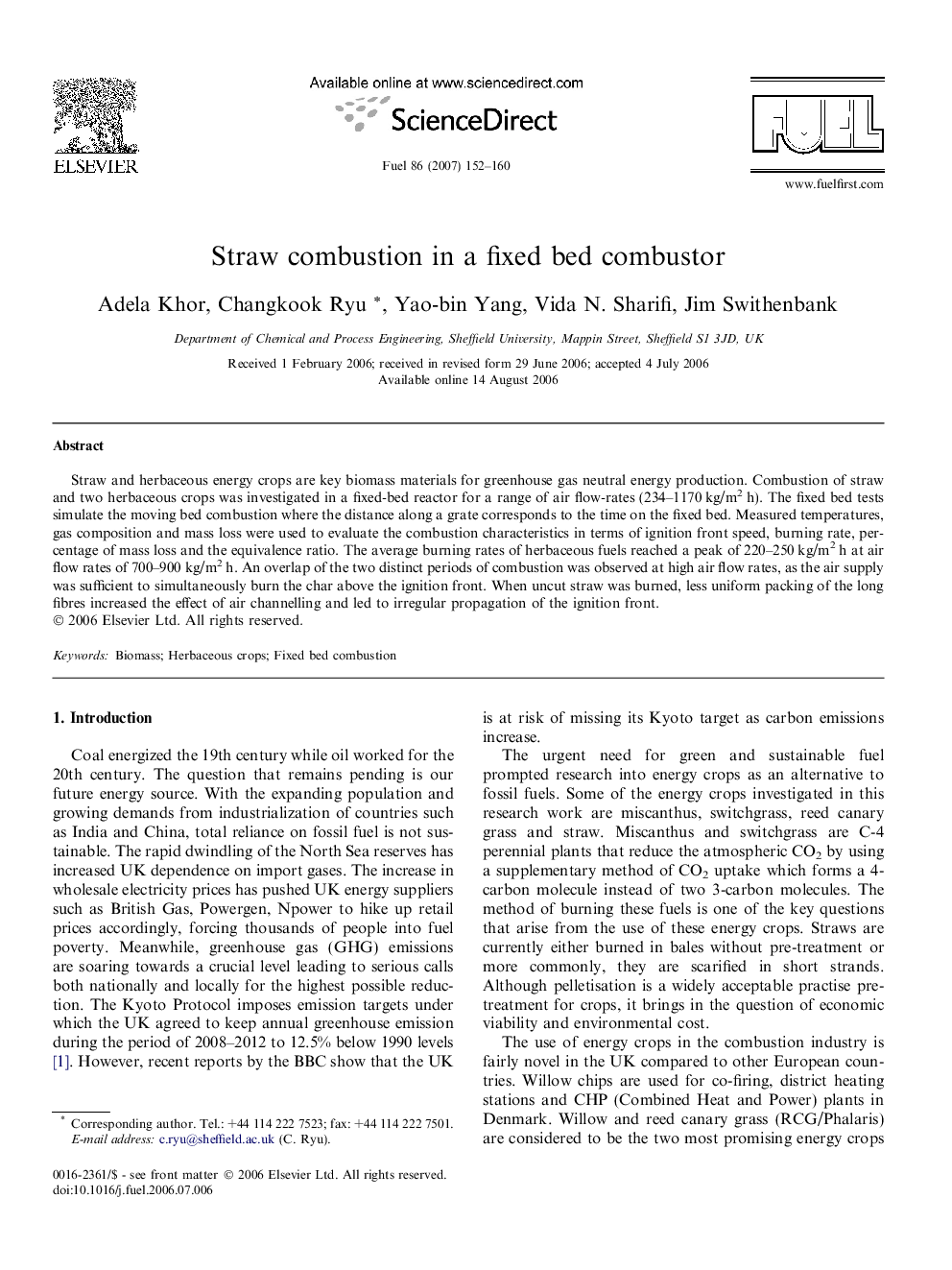 Straw combustion in a fixed bed combustor