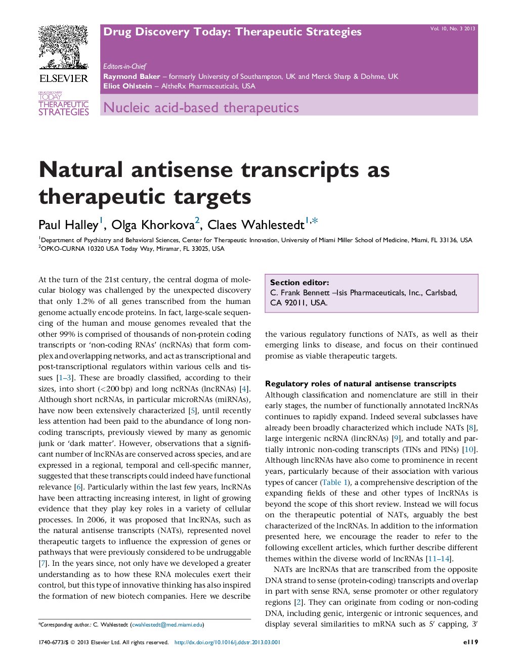 Natural antisense transcripts as therapeutic targets