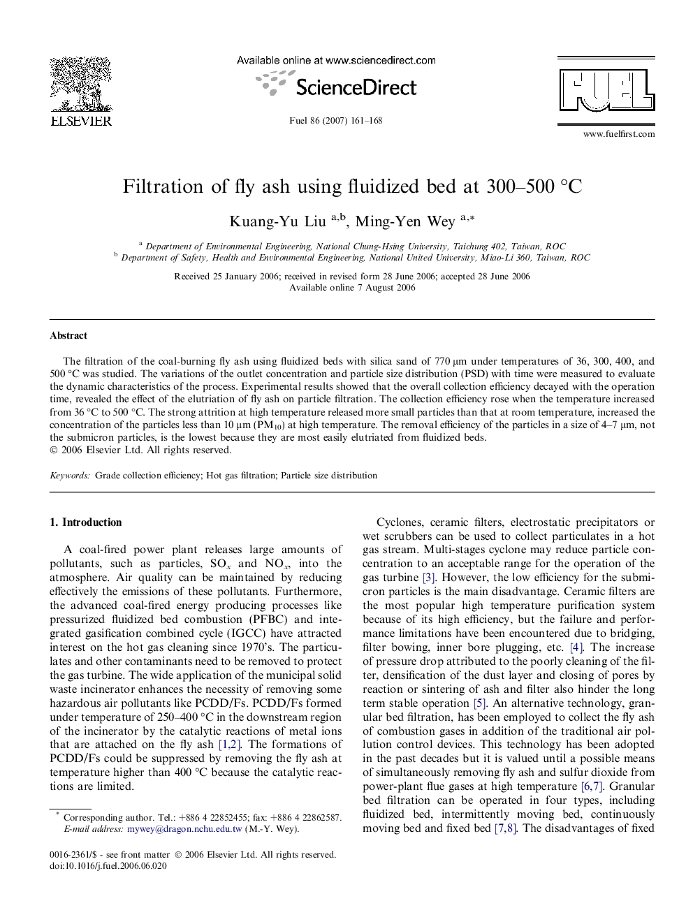 Filtration of fly ash using fluidized bed at 300–500 °C