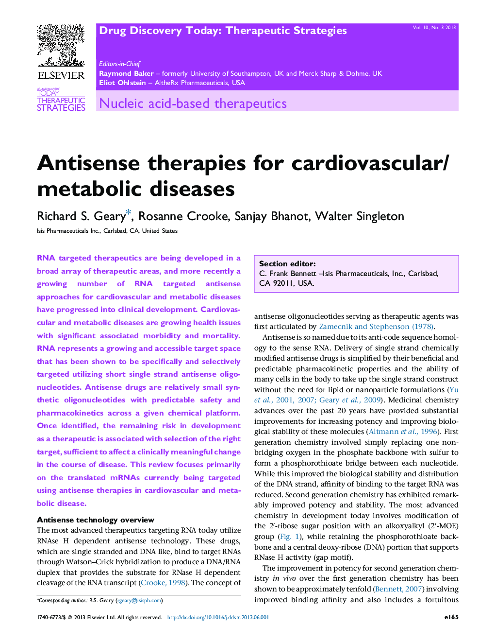 Antisense therapies for cardiovascular/metabolic diseases