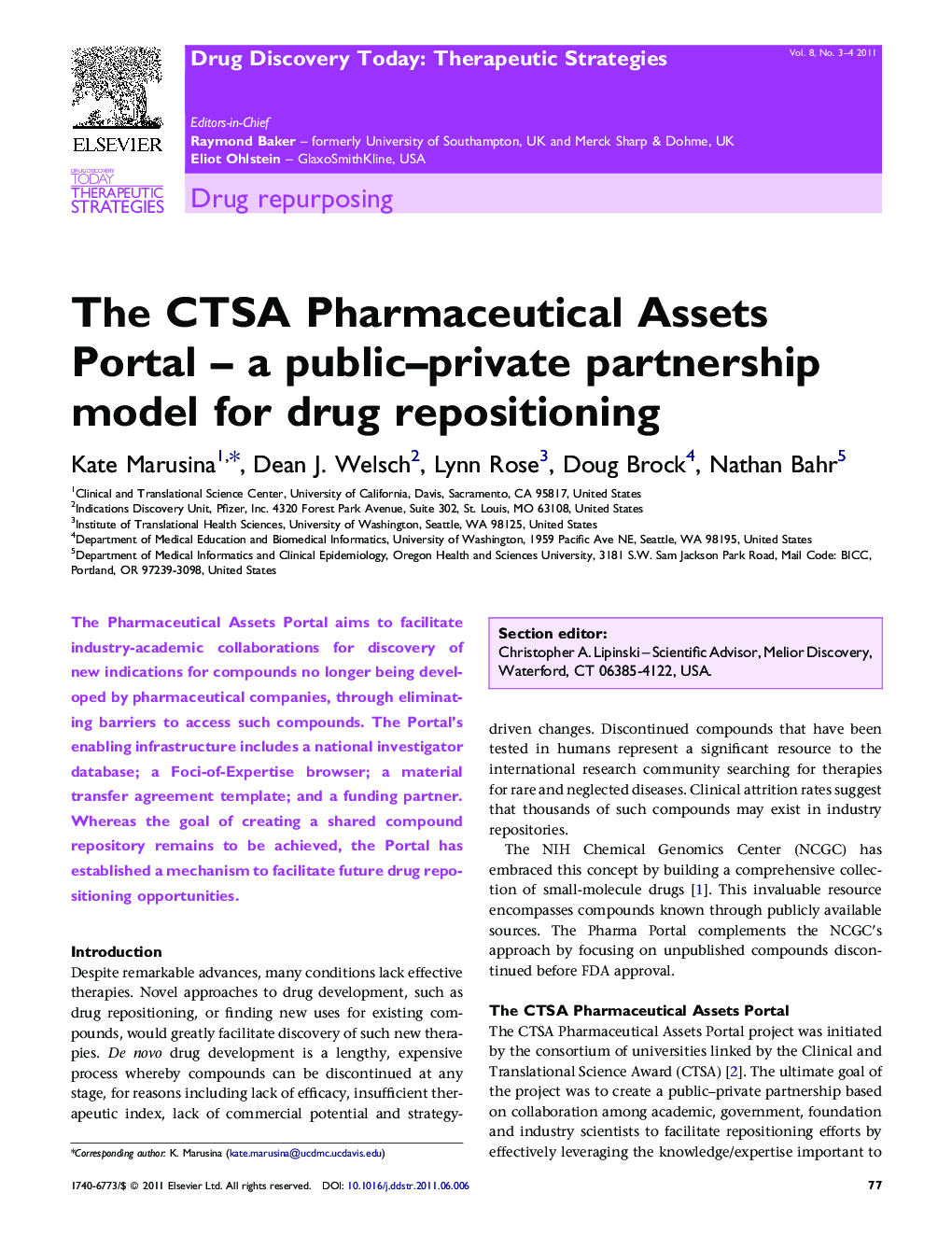 The CTSA Pharmaceutical Assets Portal – a public–private partnership model for drug repositioning