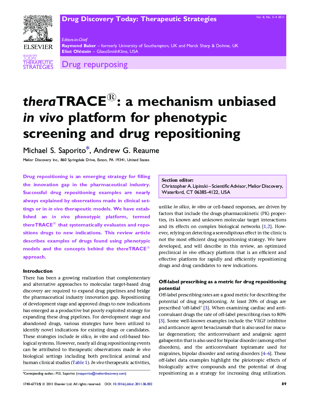 theraTRACE®: a mechanism unbiased in vivo platform for phenotypic screening and drug repositioning