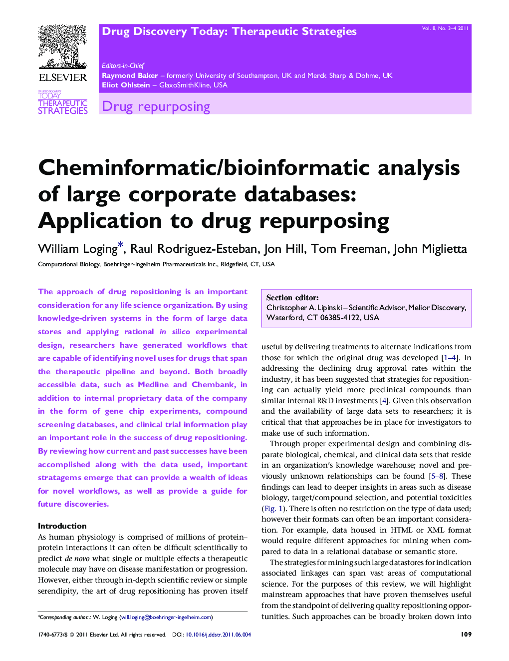 Cheminformatic/bioinformatic analysis of large corporate databases: Application to drug repurposing