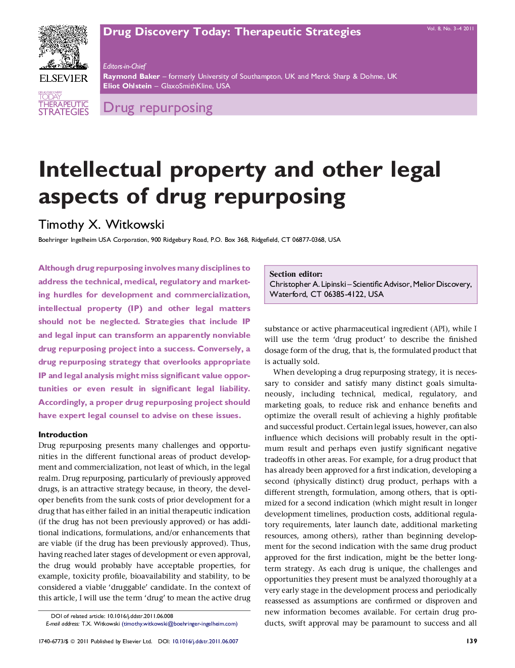 Intellectual property and other legal aspects of drug repurposing