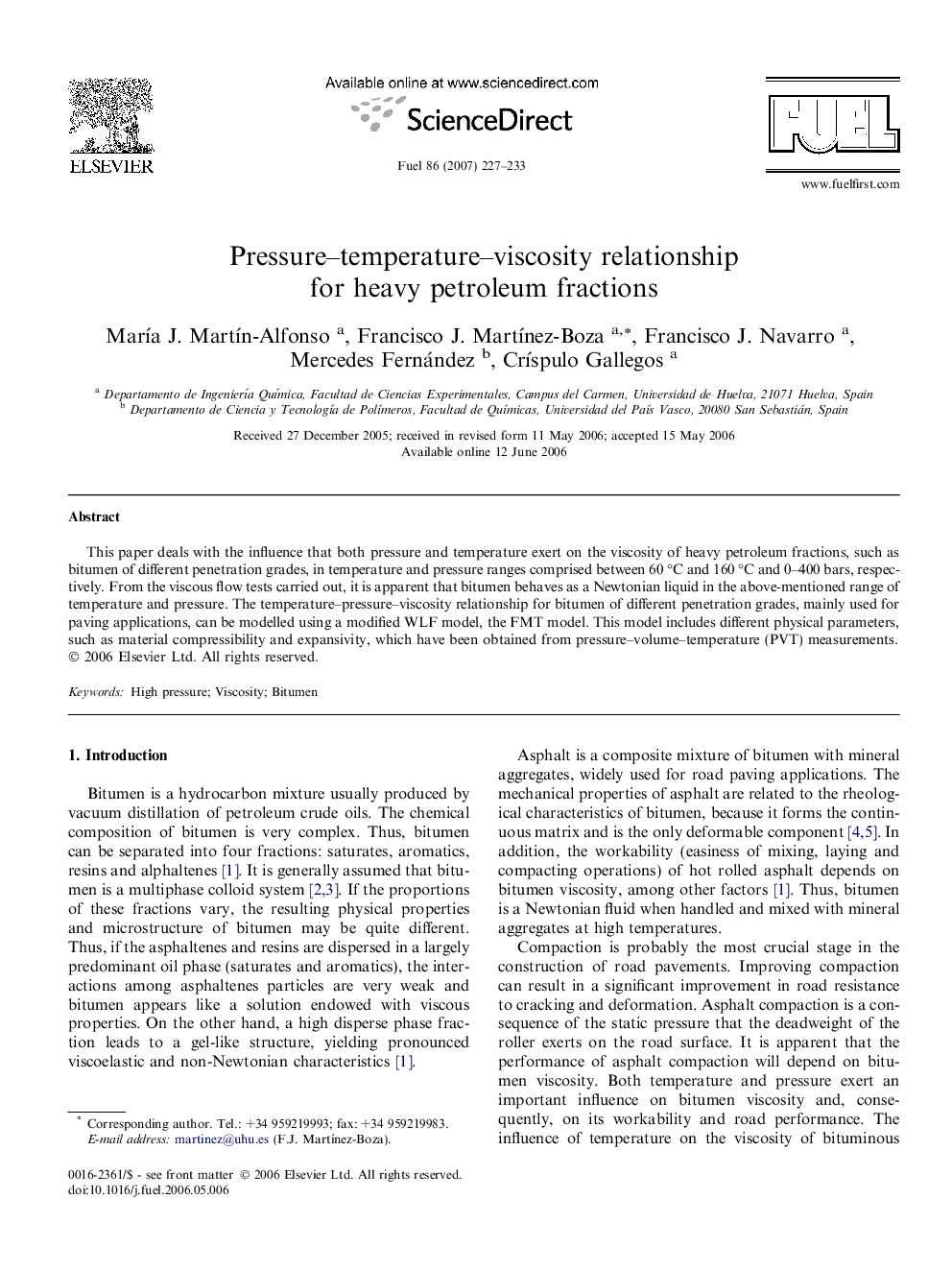 Pressure–temperature–viscosity relationship for heavy petroleum fractions