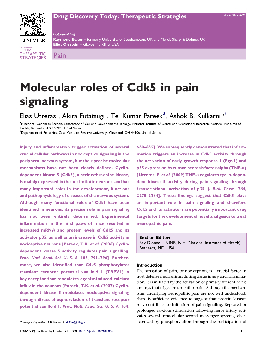 Molecular roles of Cdk5 in pain signaling
