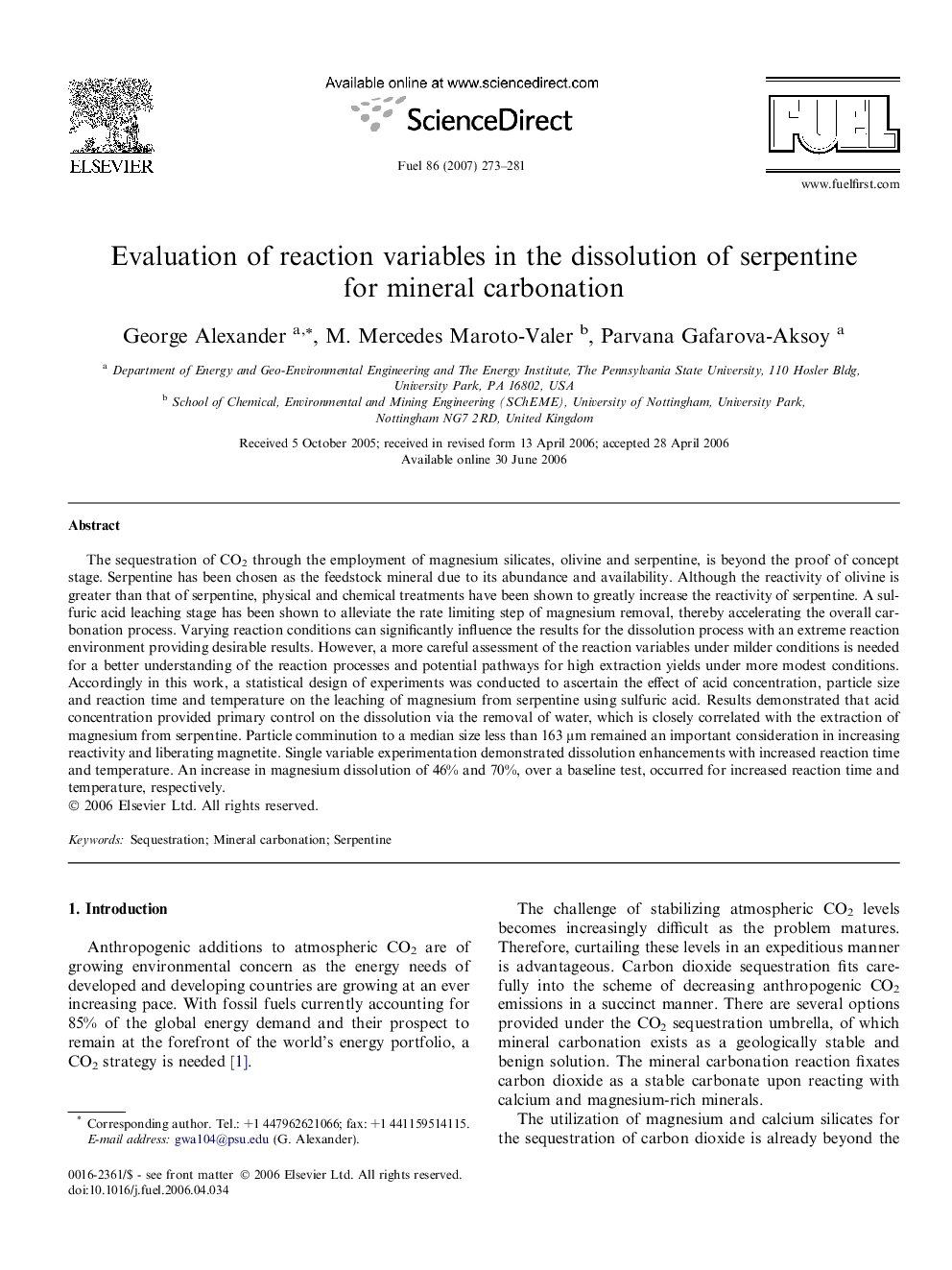 Evaluation of reaction variables in the dissolution of serpentine for mineral carbonation