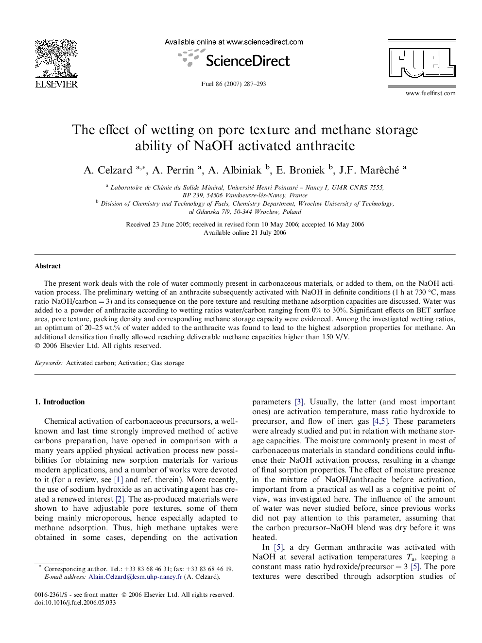 The effect of wetting on pore texture and methane storage ability of NaOH activated anthracite