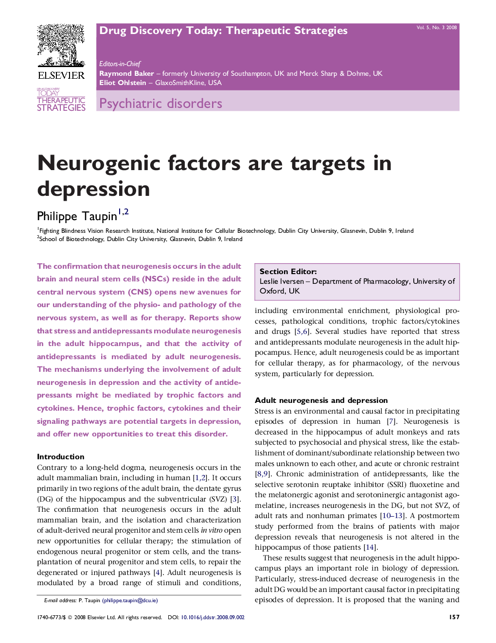 Neurogenic factors are targets in depression
