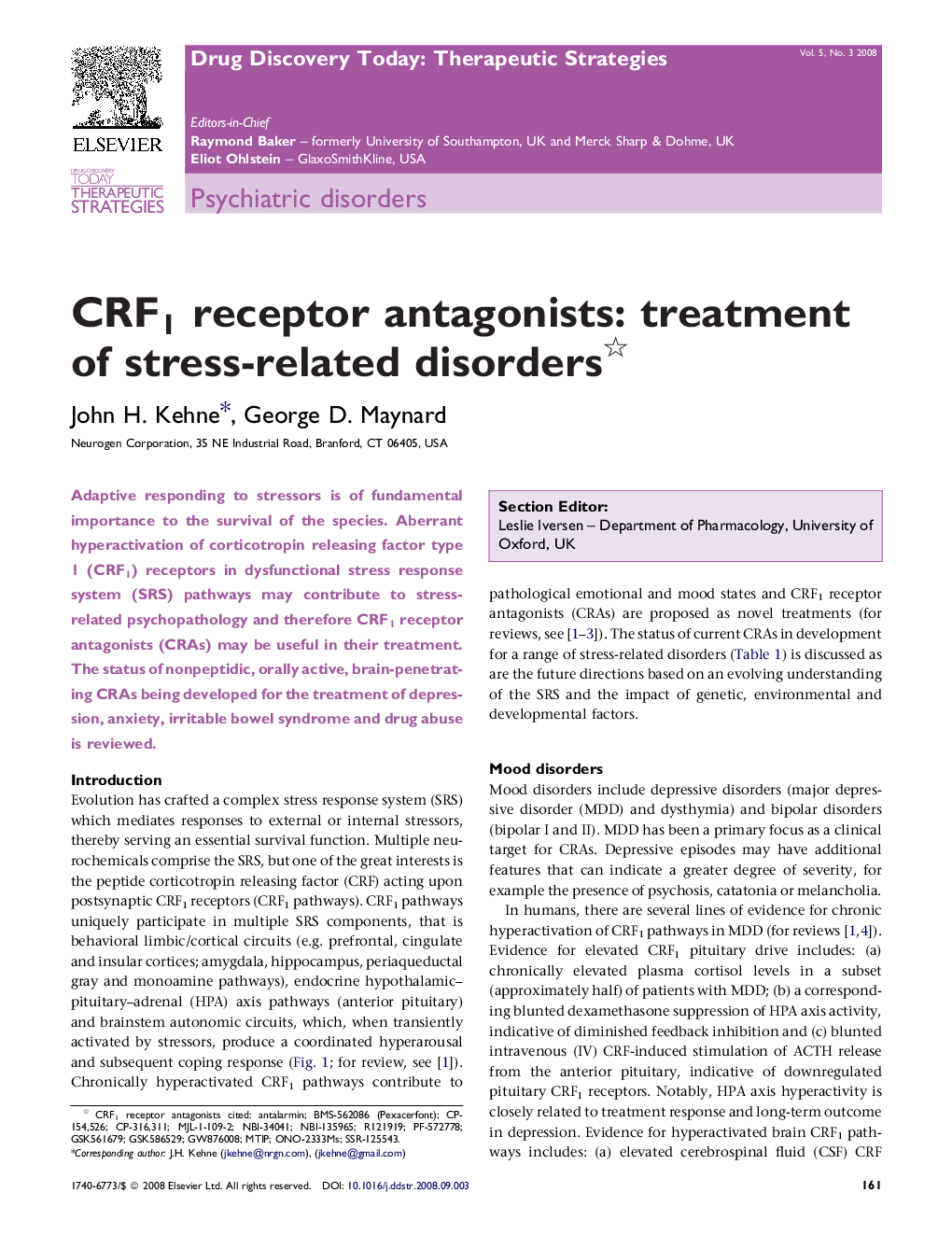 CRF1 receptor antagonists: treatment of stress-related disorders 