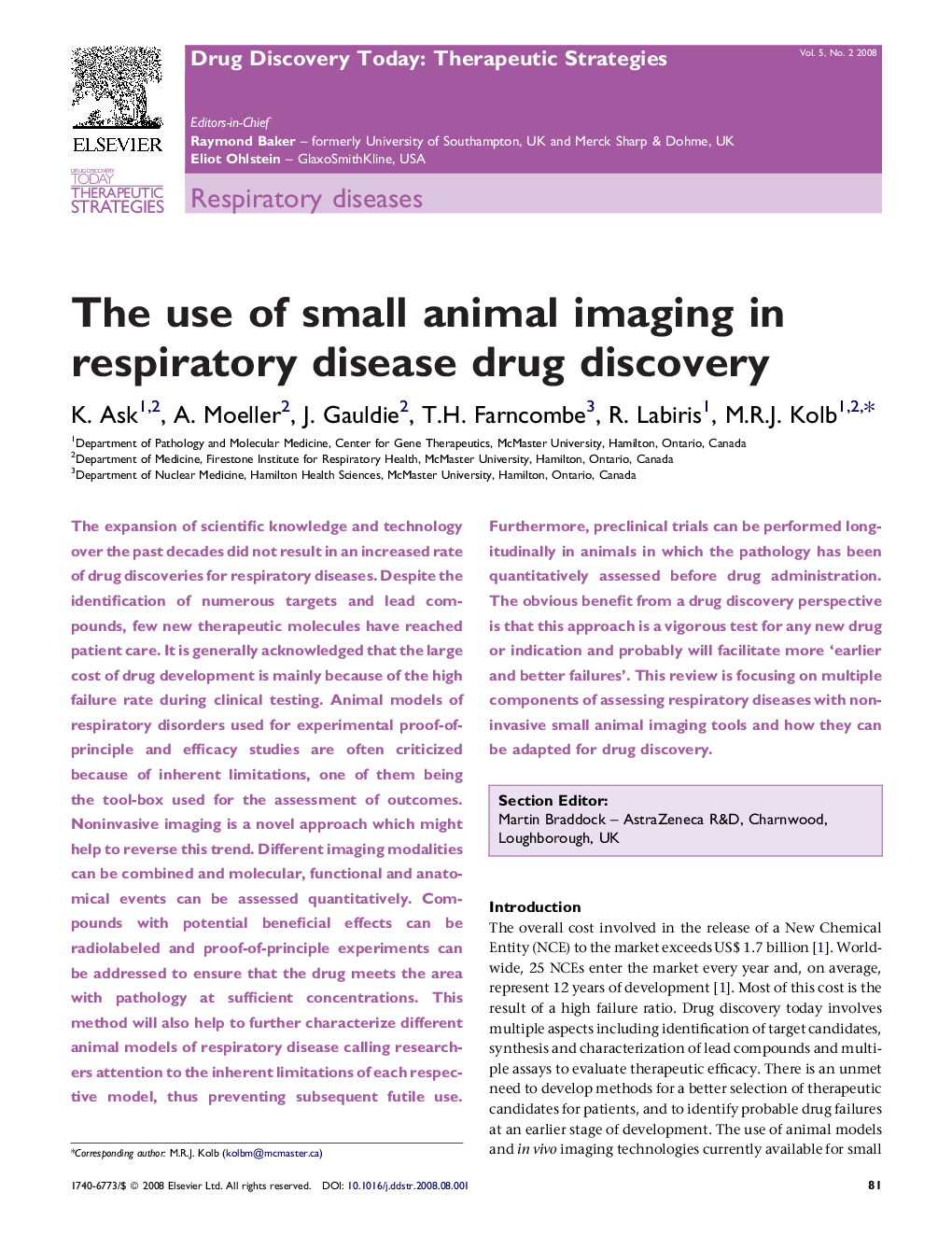 The use of small animal imaging in respiratory disease drug discovery