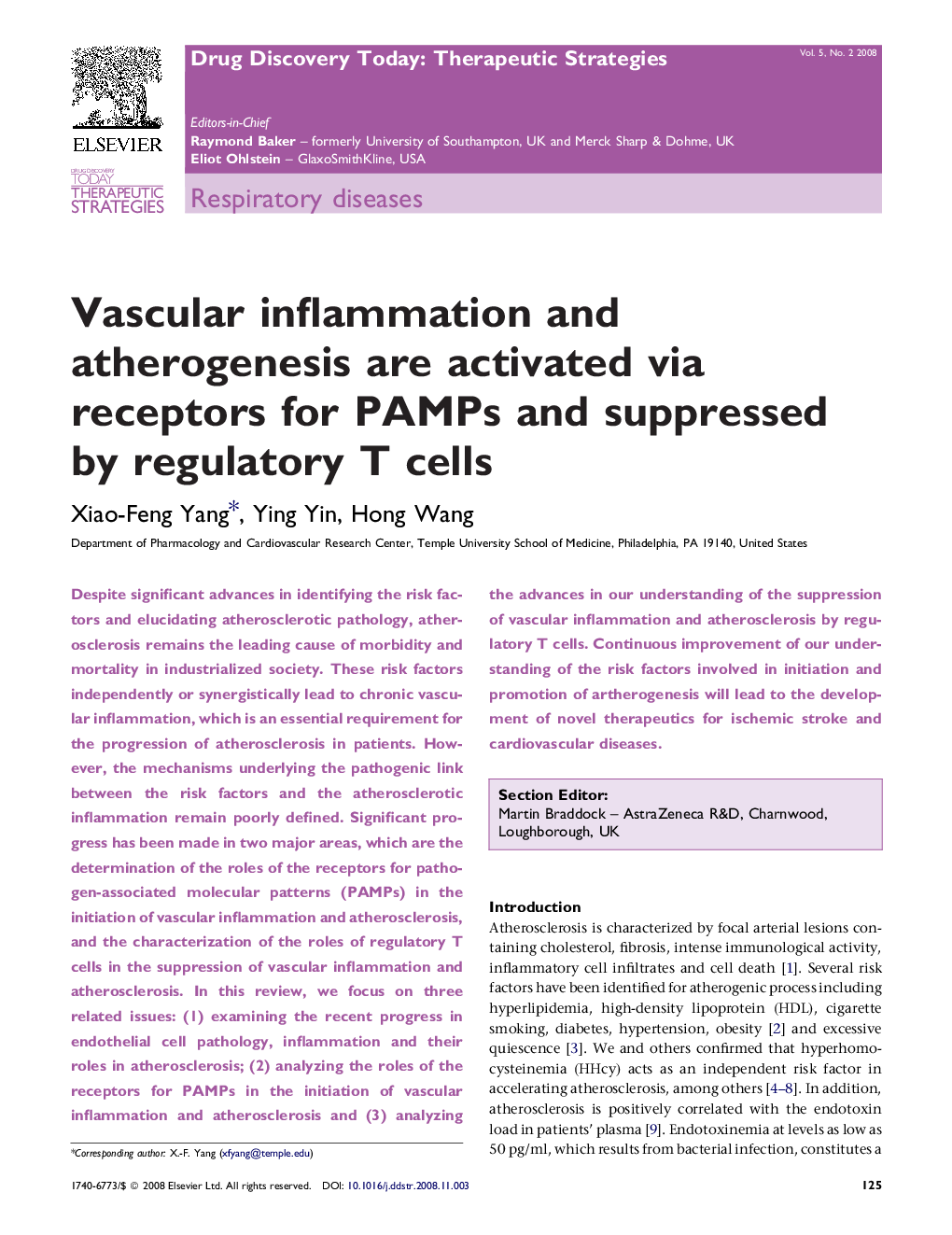 Vascular inflammation and atherogenesis are activated via receptors for PAMPs and suppressed by regulatory T cells
