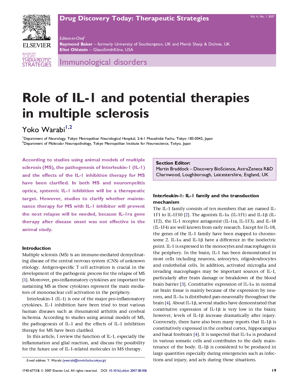 Role of IL-1 and potential therapies in multiple sclerosis