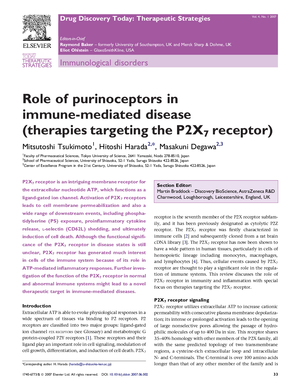 Role of purinoceptors in immune-mediated disease (therapies targeting the P2X7 receptor)
