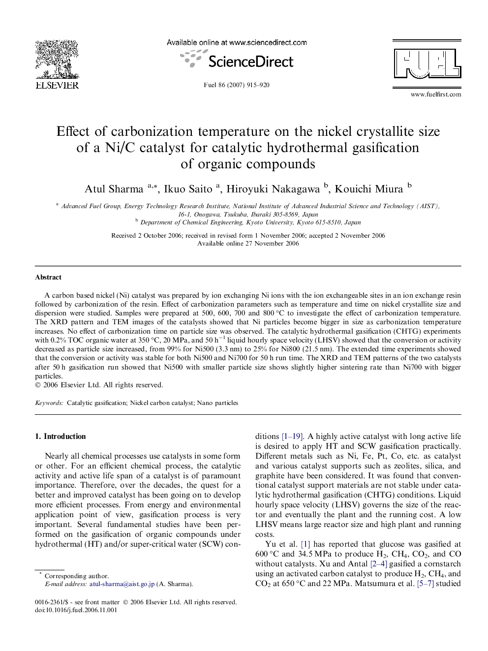 Effect of carbonization temperature on the nickel crystallite size of a Ni/C catalyst for catalytic hydrothermal gasification of organic compounds