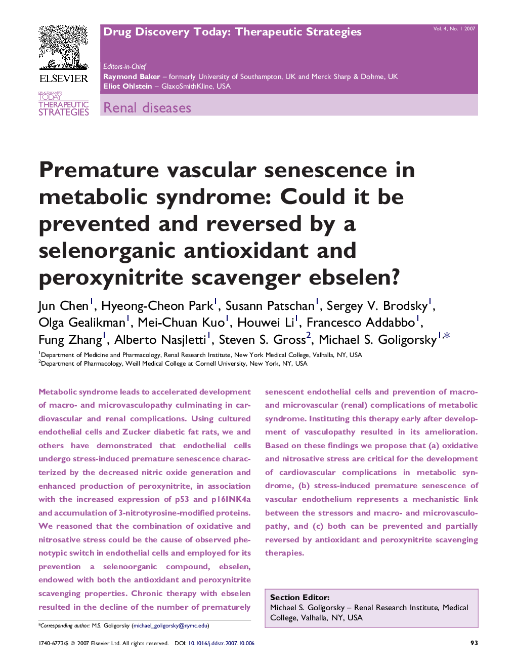 Premature vascular senescence in metabolic syndrome: Could it be prevented and reversed by a selenorganic antioxidant and peroxynitrite scavenger ebselen?