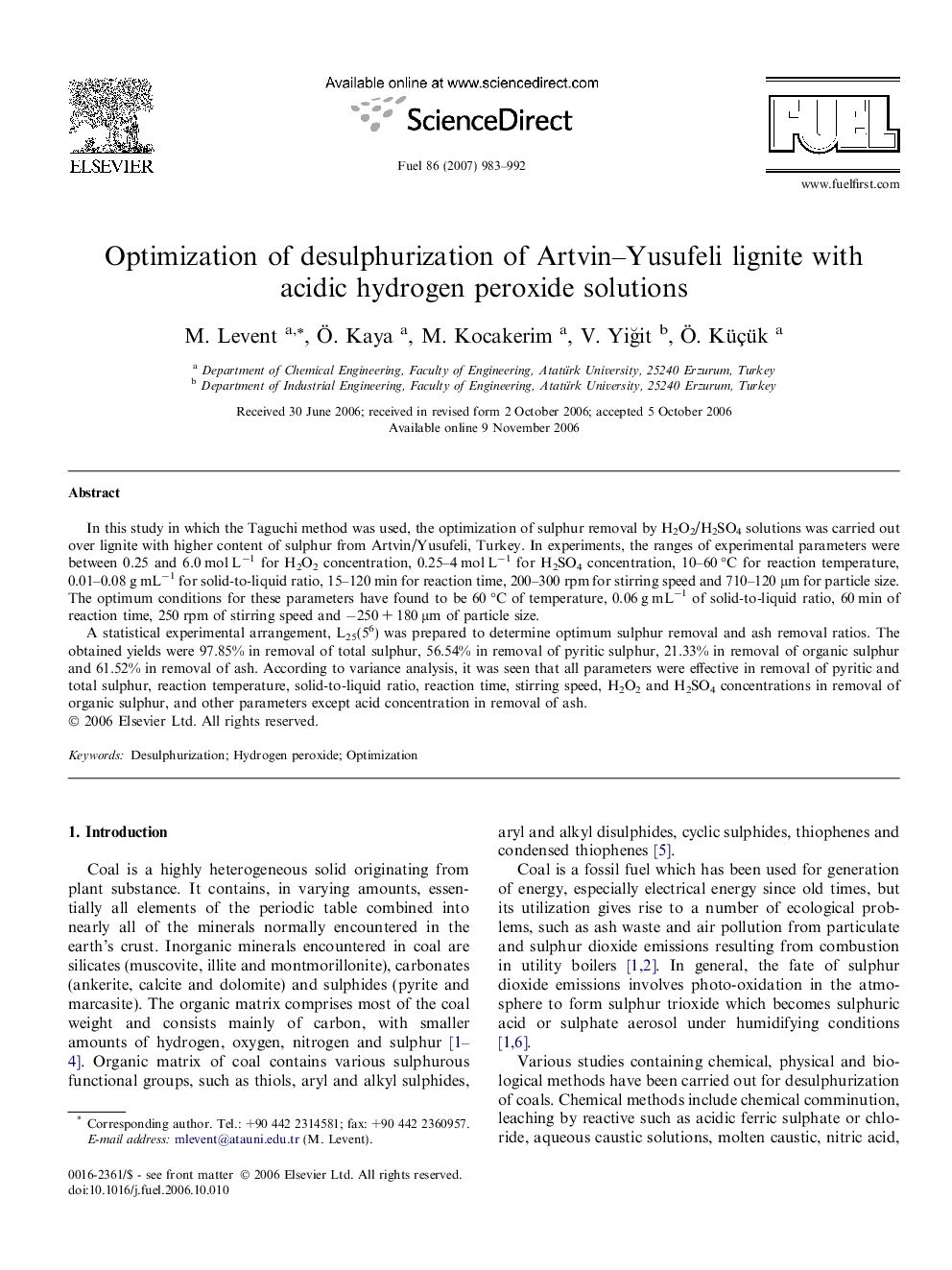 Optimization of desulphurization of Artvin–Yusufeli lignite with acidic hydrogen peroxide solutions