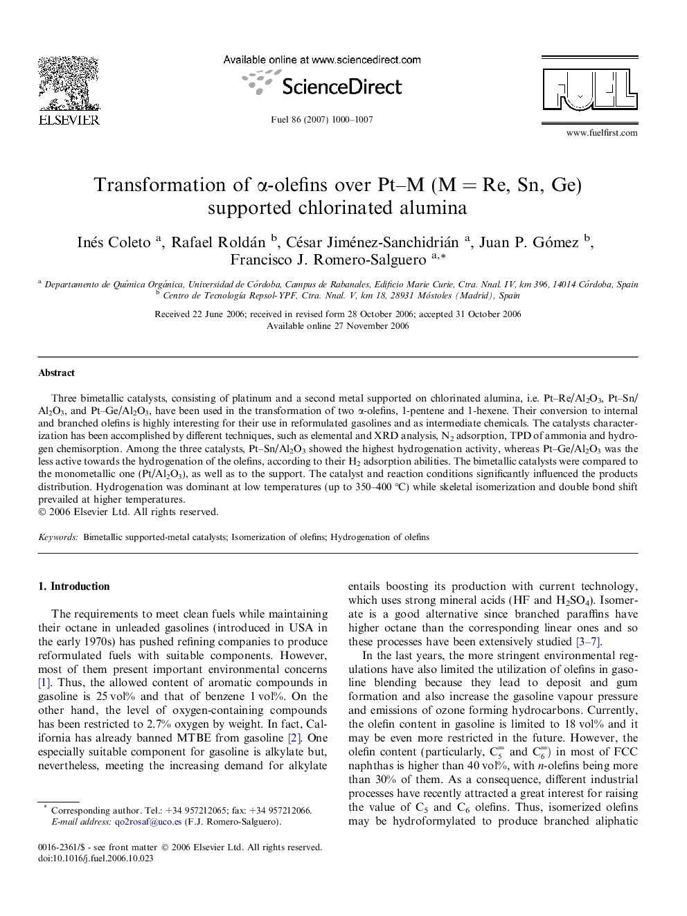 Transformation of α-olefins over Pt–M (M = Re, Sn, Ge) supported chlorinated alumina