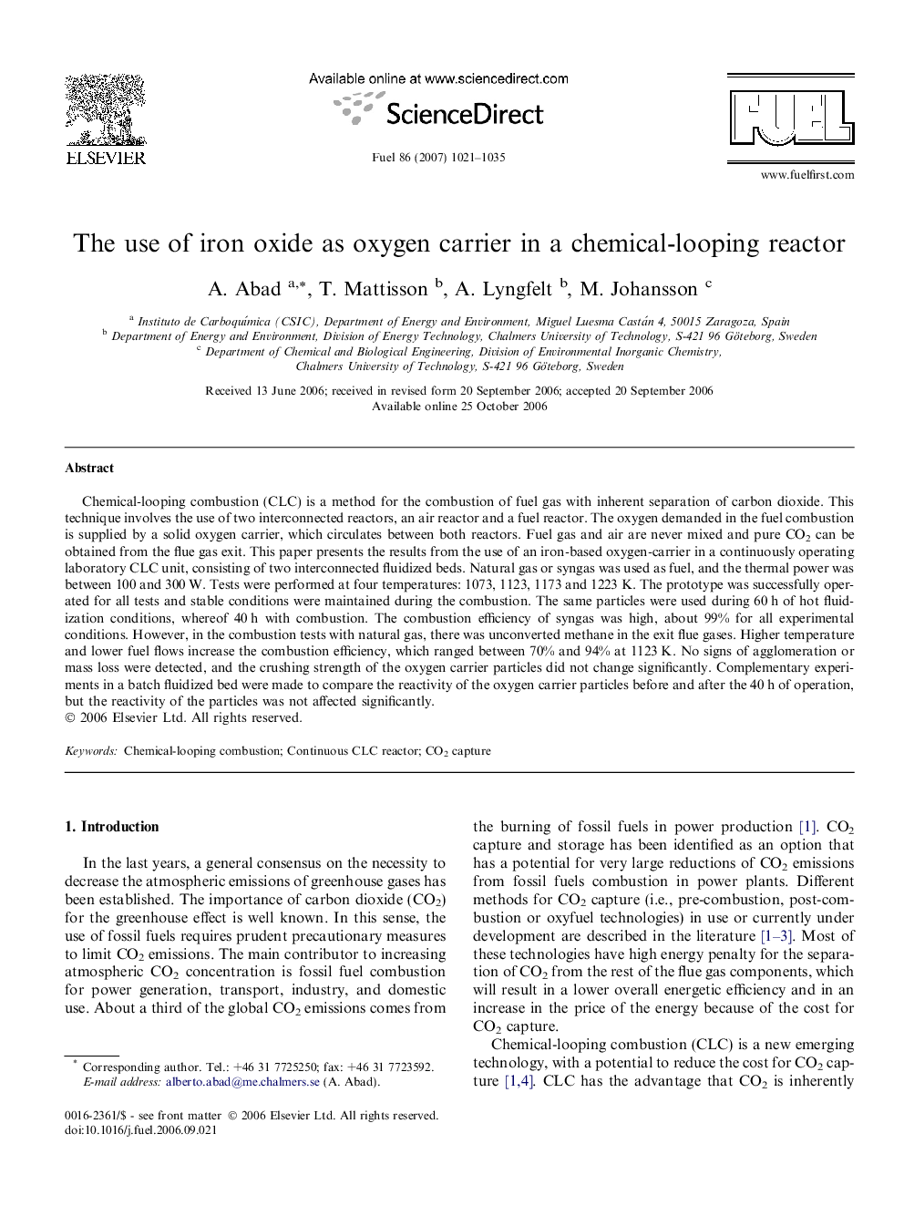 The use of iron oxide as oxygen carrier in a chemical-looping reactor