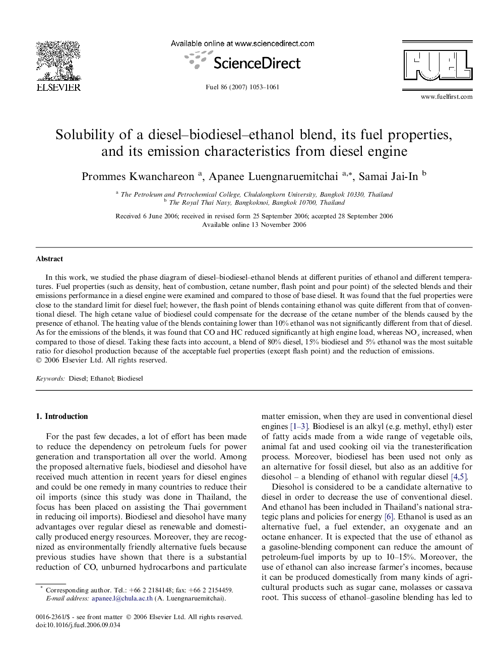 Solubility of a diesel–biodiesel–ethanol blend, its fuel properties, and its emission characteristics from diesel engine