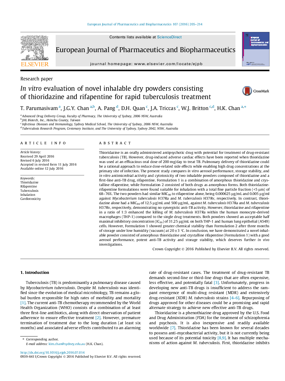 In vitro evaluation of novel inhalable dry powders consisting of thioridazine and rifapentine for rapid tuberculosis treatment