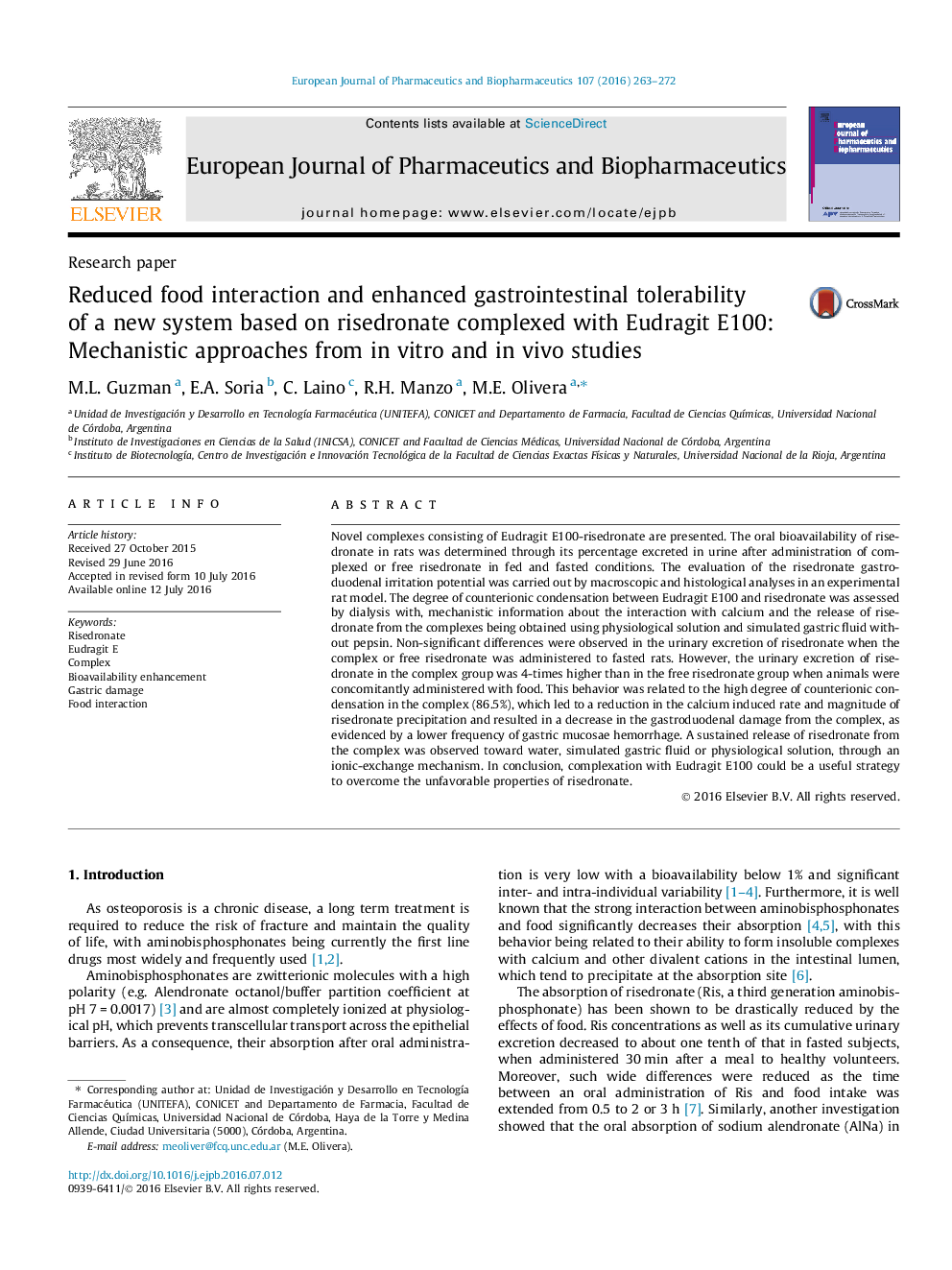 Reduced food interaction and enhanced gastrointestinal tolerability of a new system based on risedronate complexed with Eudragit E100: Mechanistic approaches from in vitro and in vivo studies