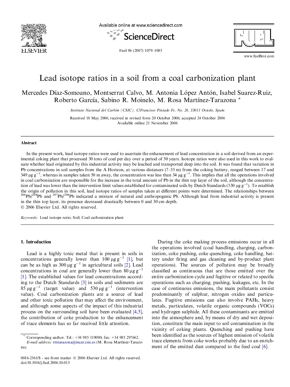 Lead isotope ratios in a soil from a coal carbonization plant