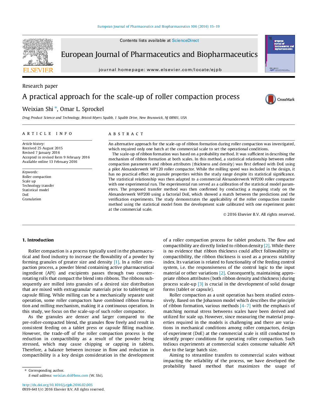 A practical approach for the scale-up of roller compaction process