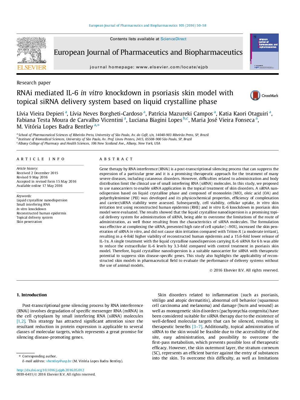 RNAi mediated IL-6 in vitro knockdown in psoriasis skin model with topical siRNA delivery system based on liquid crystalline phase