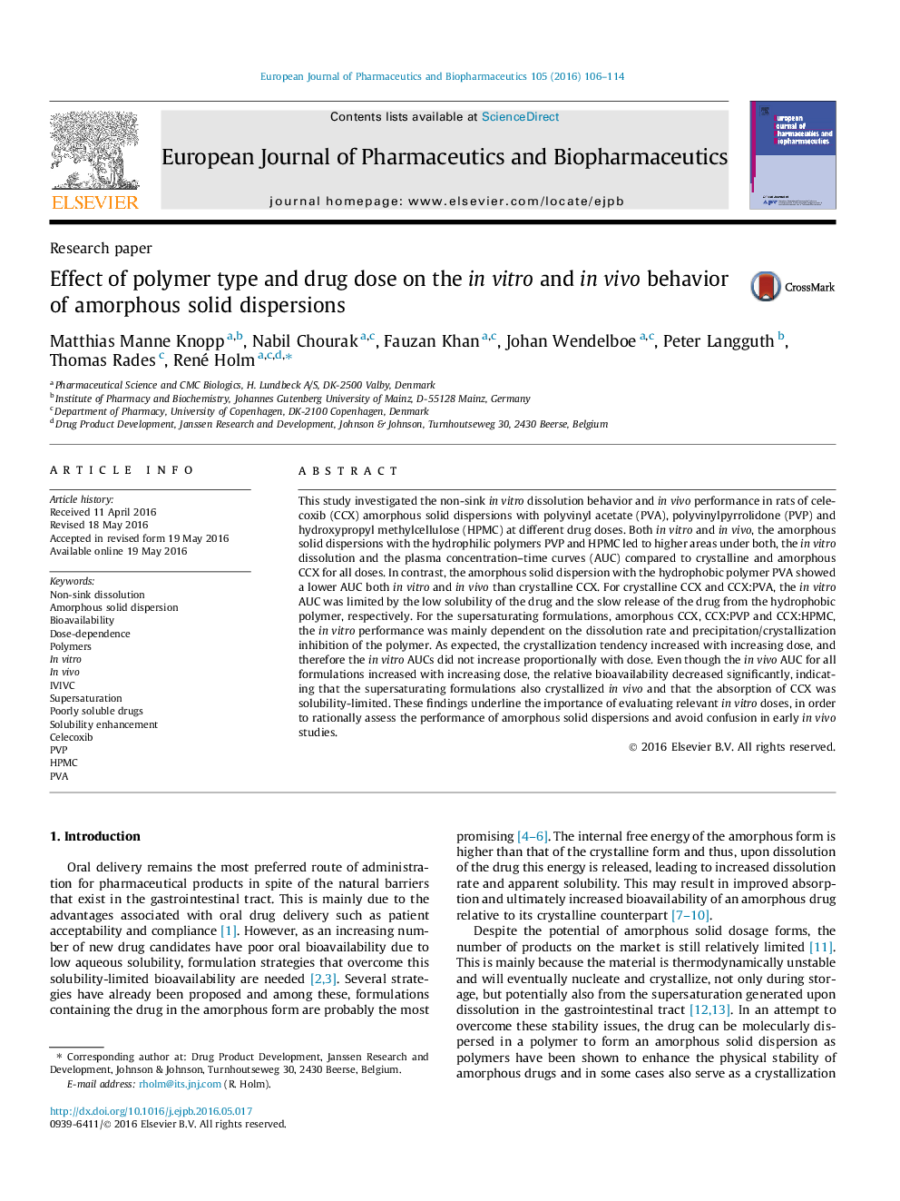 Effect of polymer type and drug dose on the in vitro and in vivo behavior of amorphous solid dispersions