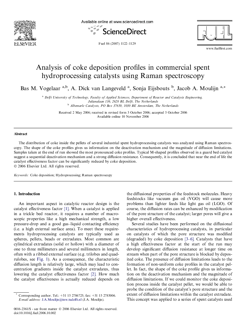 Analysis of coke deposition profiles in commercial spent hydroprocessing catalysts using Raman spectroscopy