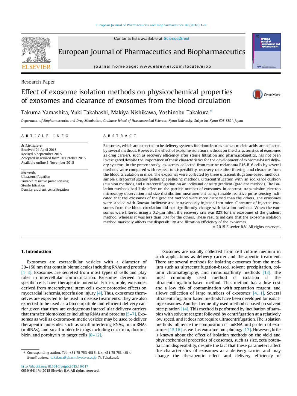 Effect of exosome isolation methods on physicochemical properties of exosomes and clearance of exosomes from the blood circulation