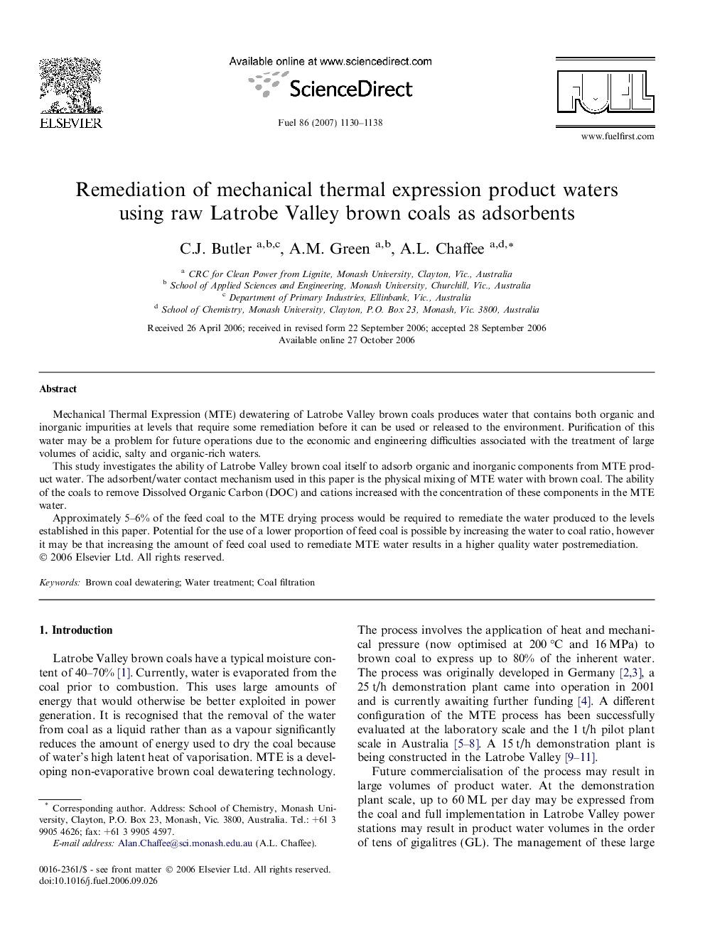 Remediation of mechanical thermal expression product waters using raw Latrobe Valley brown coals as adsorbents