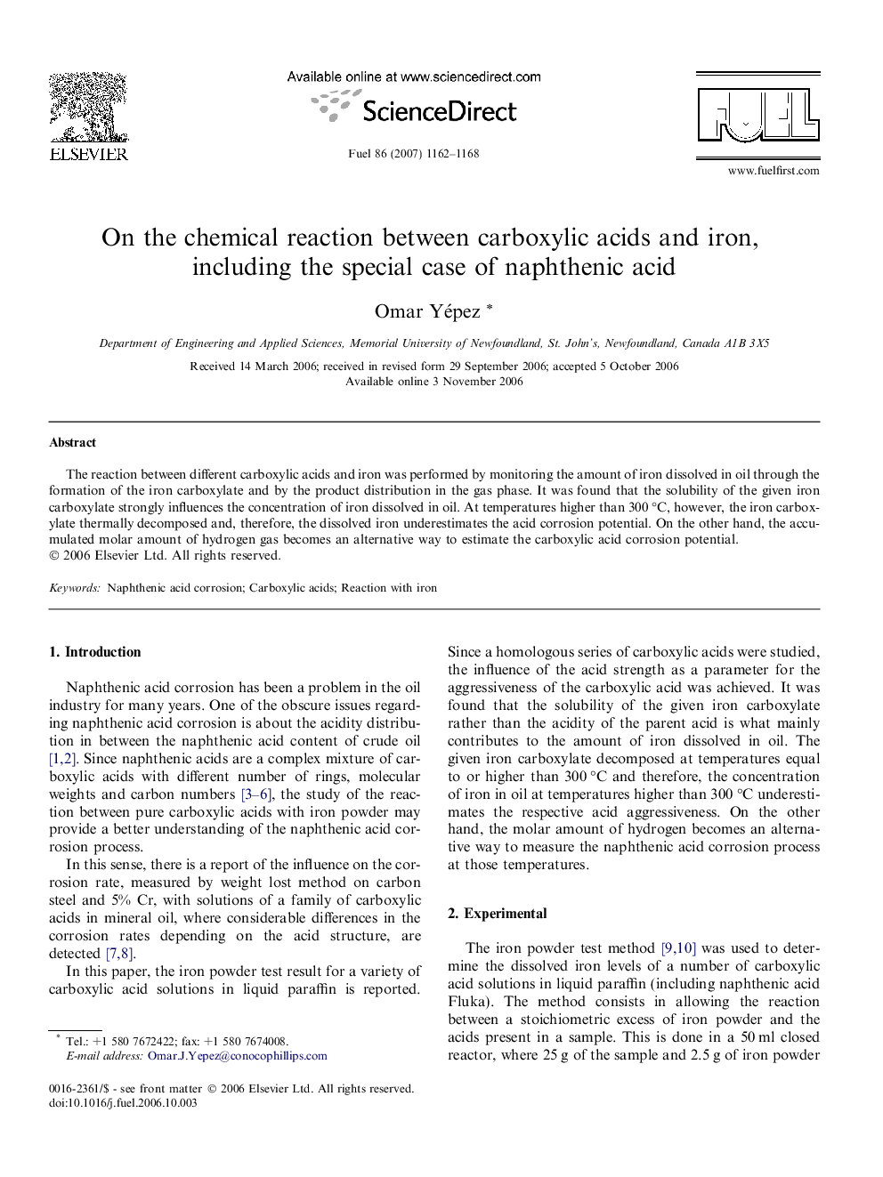 On the chemical reaction between carboxylic acids and iron, including the special case of naphthenic acid