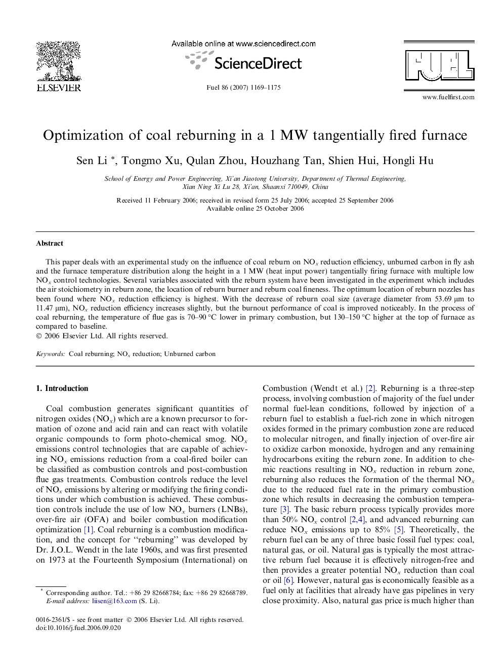 Optimization of coal reburning in a 1 MW tangentially fired furnace