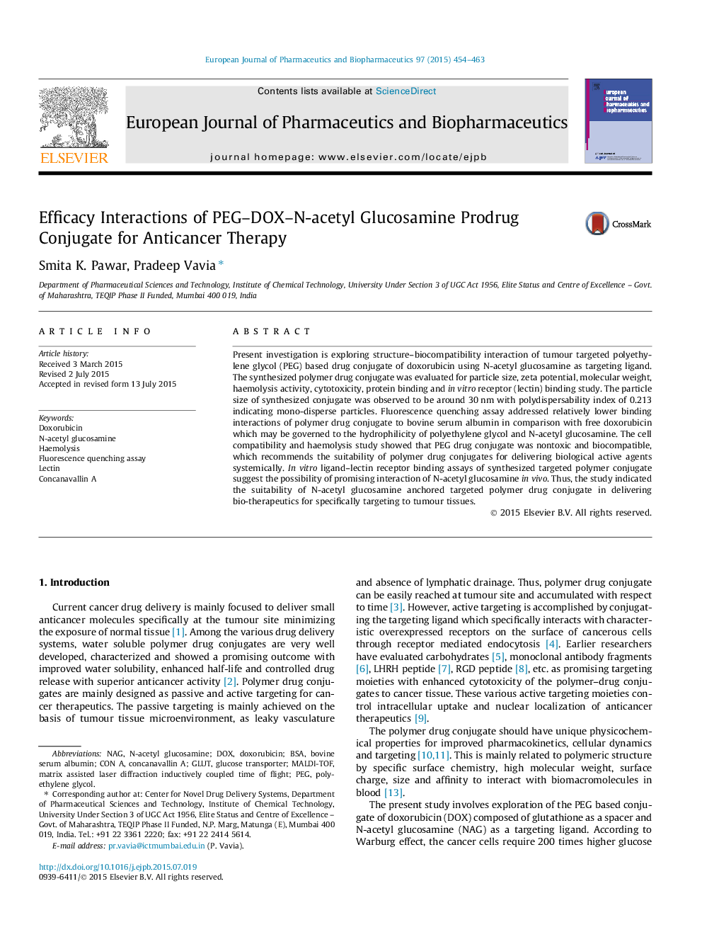 Efficacy Interactions of PEG–DOX–N-acetyl Glucosamine Prodrug Conjugate for Anticancer Therapy