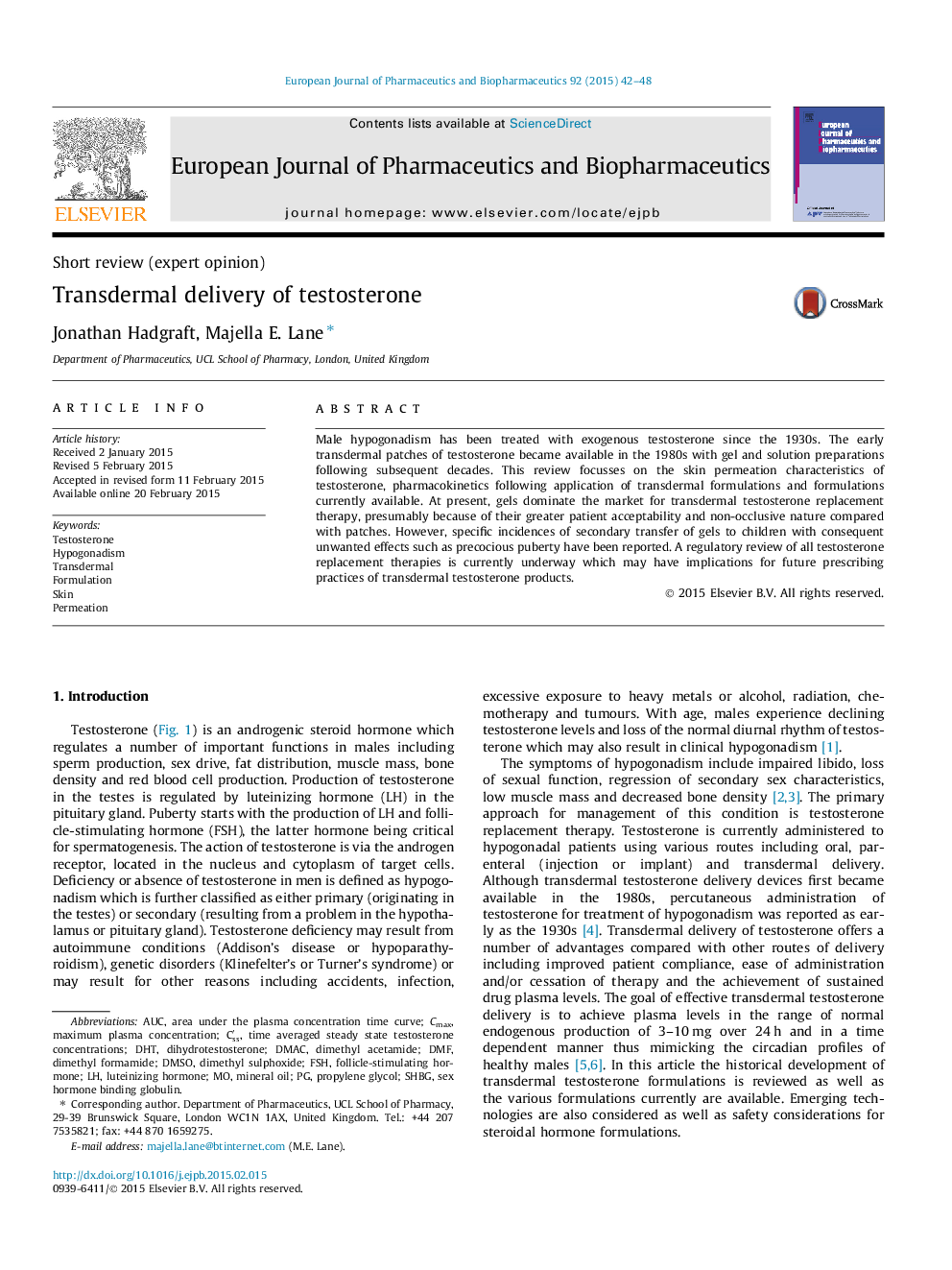 Transdermal delivery of testosterone