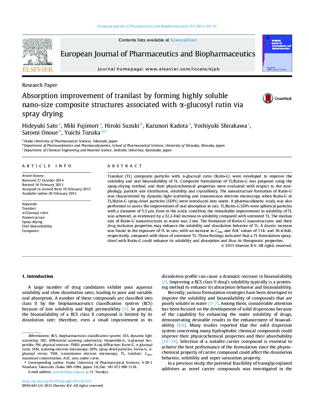 Absorption improvement of tranilast by forming highly soluble nano-size composite structures associated with α-glucosyl rutin via spray drying