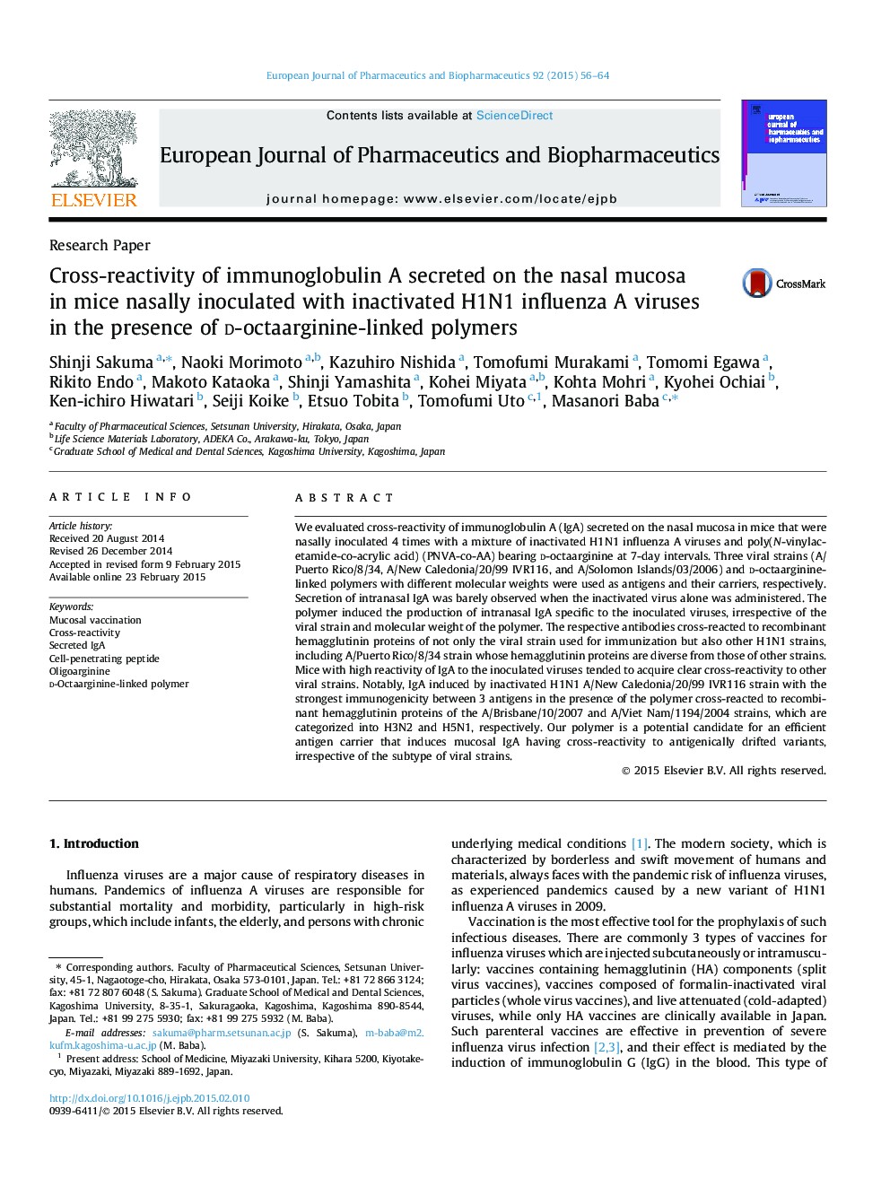 Cross-reactivity of immunoglobulin A secreted on the nasal mucosa in mice nasally inoculated with inactivated H1N1 influenza A viruses in the presence of d-octaarginine-linked polymers