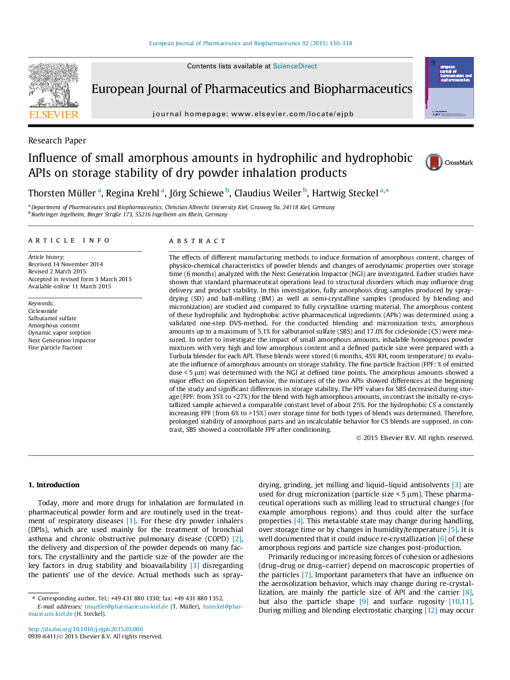 Influence of small amorphous amounts in hydrophilic and hydrophobic APIs on storage stability of dry powder inhalation products