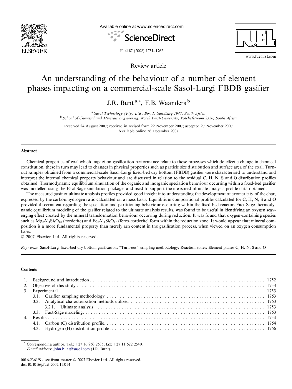 An understanding of the behaviour of a number of element phases impacting on a commercial-scale Sasol-Lurgi FBDB gasifier