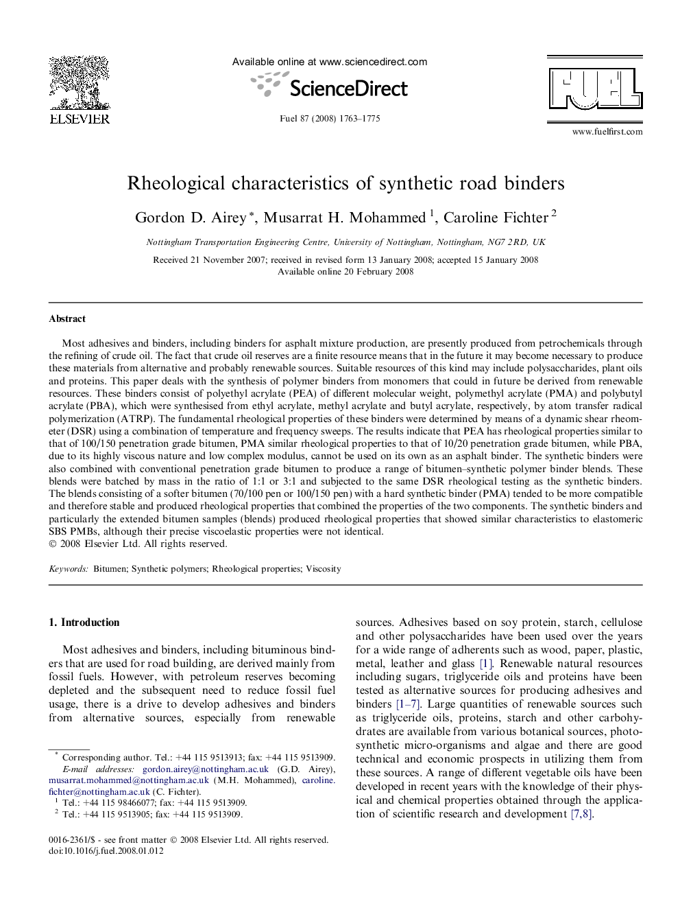 Rheological characteristics of synthetic road binders