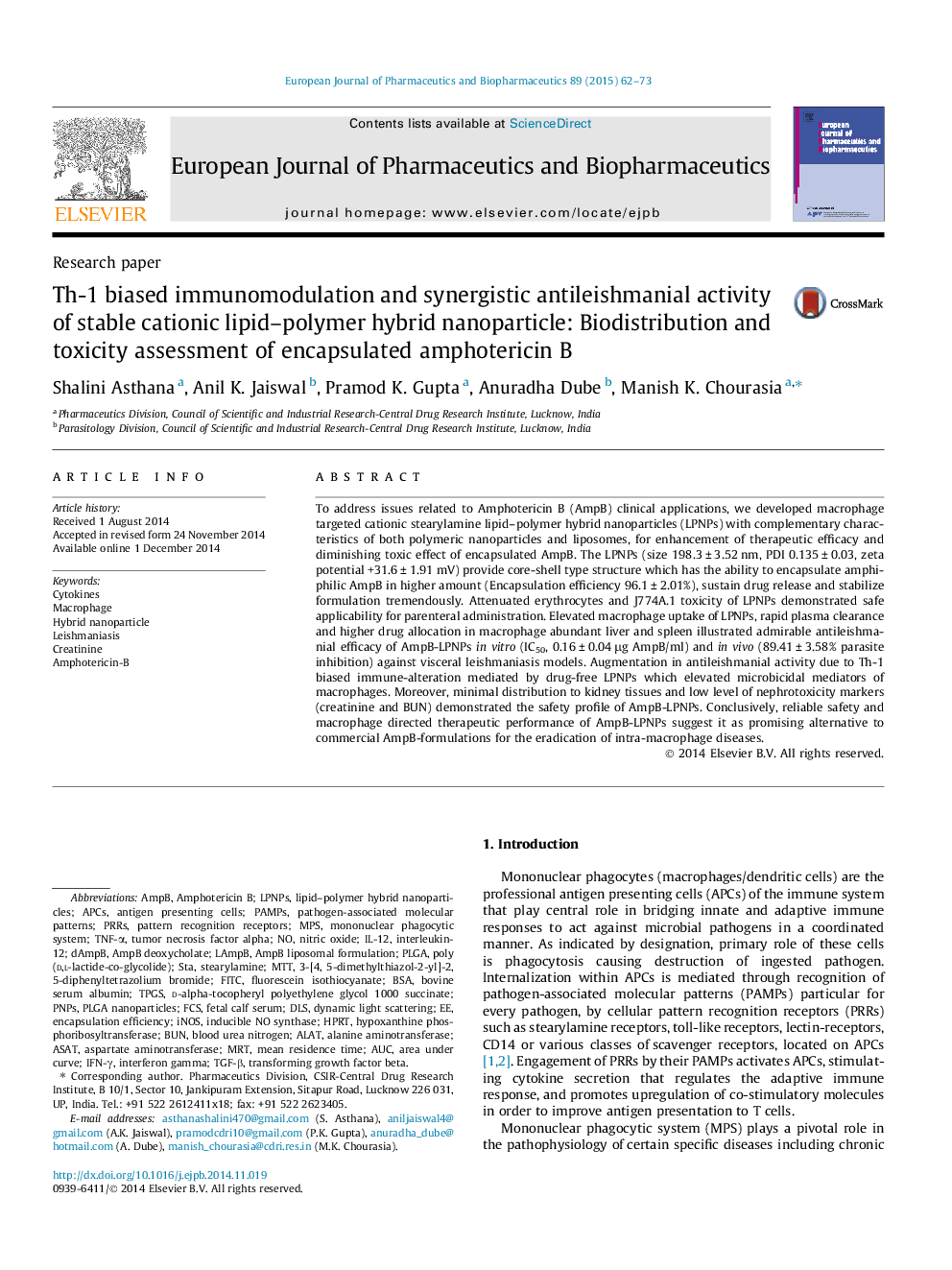 Th-1 biased immunomodulation and synergistic antileishmanial activity of stable cationic lipid–polymer hybrid nanoparticle: Biodistribution and toxicity assessment of encapsulated amphotericin B