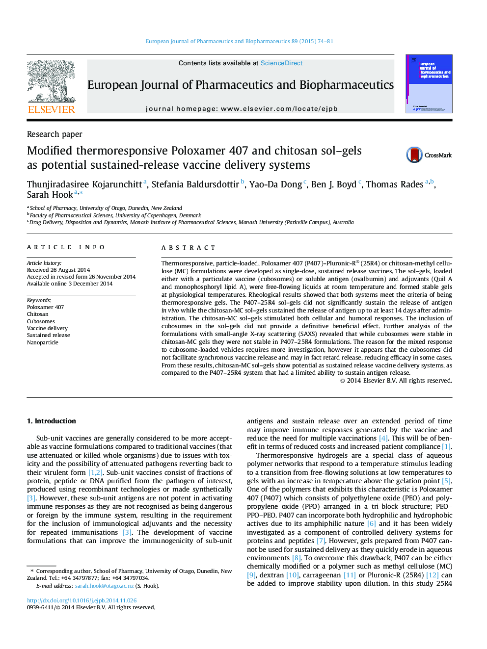 Modified thermoresponsive Poloxamer 407 and chitosan sol–gels as potential sustained-release vaccine delivery systems