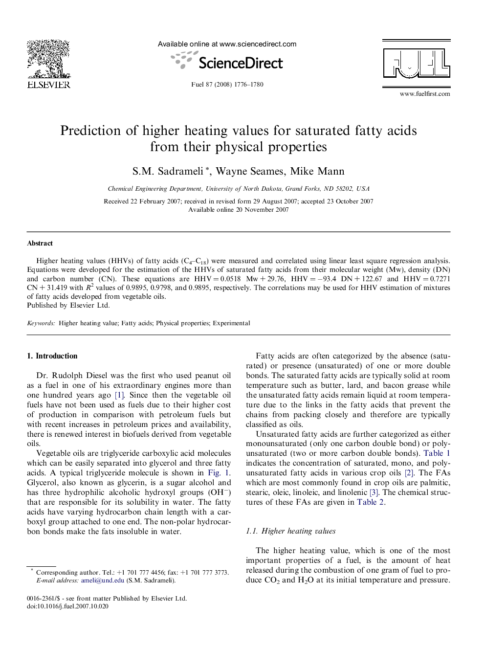 Prediction of higher heating values for saturated fatty acids from their physical properties