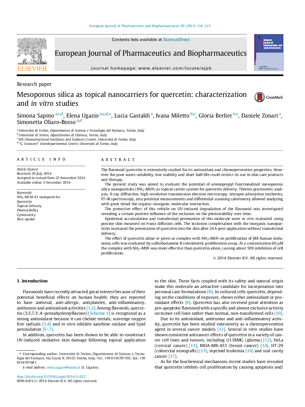 Mesoporous silica as topical nanocarriers for quercetin: characterization and in vitro studies