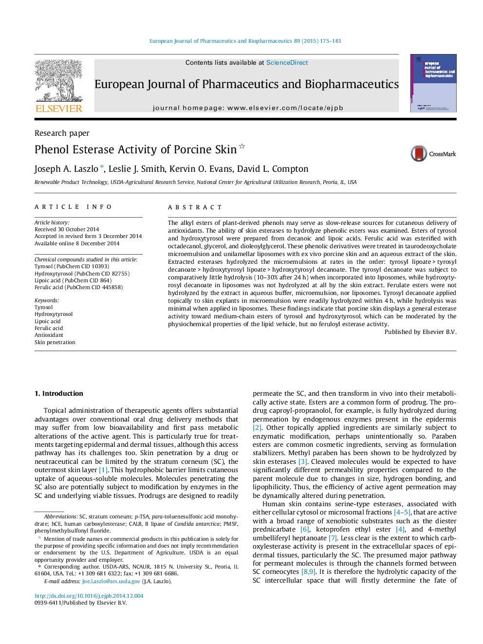 Phenol Esterase Activity of Porcine Skin 